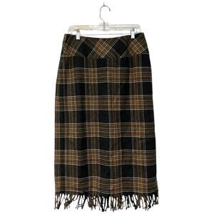 Vintage Blanket Skirt Plaid Wool Blend Midi David N. Wrap Buckles Fringe Size 10